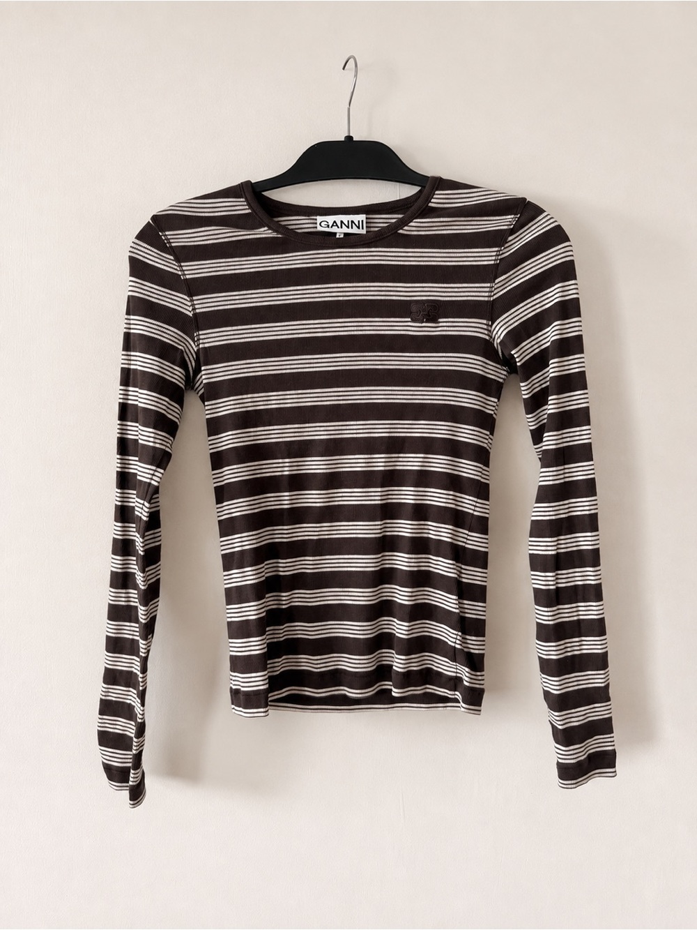 Ganni Brown and White Striped Long Sleeve Tee